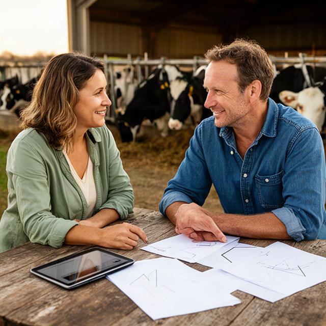 Adviseur bespreekt een bedrijfsplan met een veehouder aan een tafel op het erf