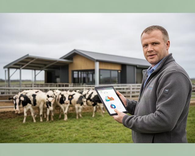 Agrarisch ondernemer bekijkt bedrijfsresultaten op een tablet naast een moderne rundveestal