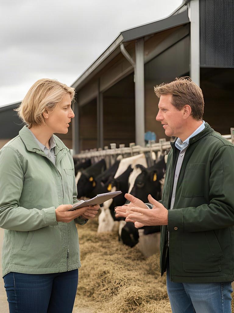 Agrarisch adviseur bespreekt een voerplan met een veehouder naast de rundveestal
