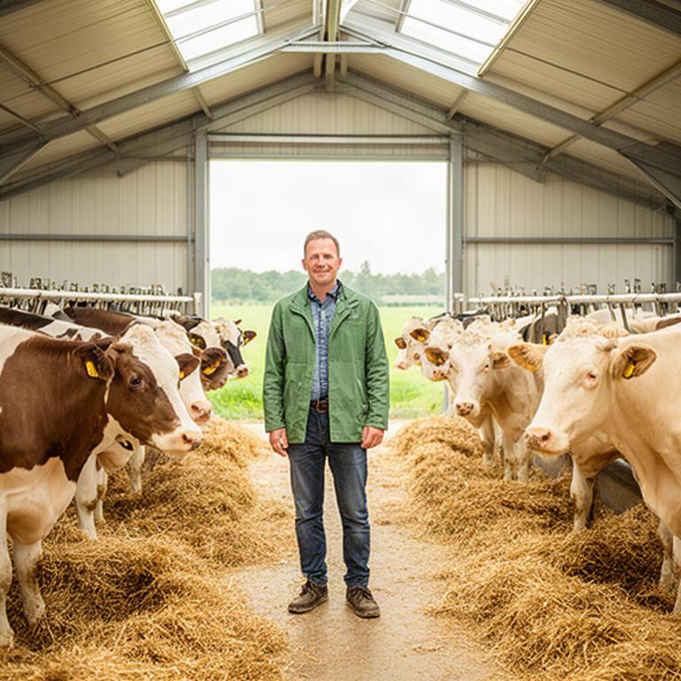 Rundveehouder tussen gezonde melkkoeien in een lichte stal in Noord-Brabant